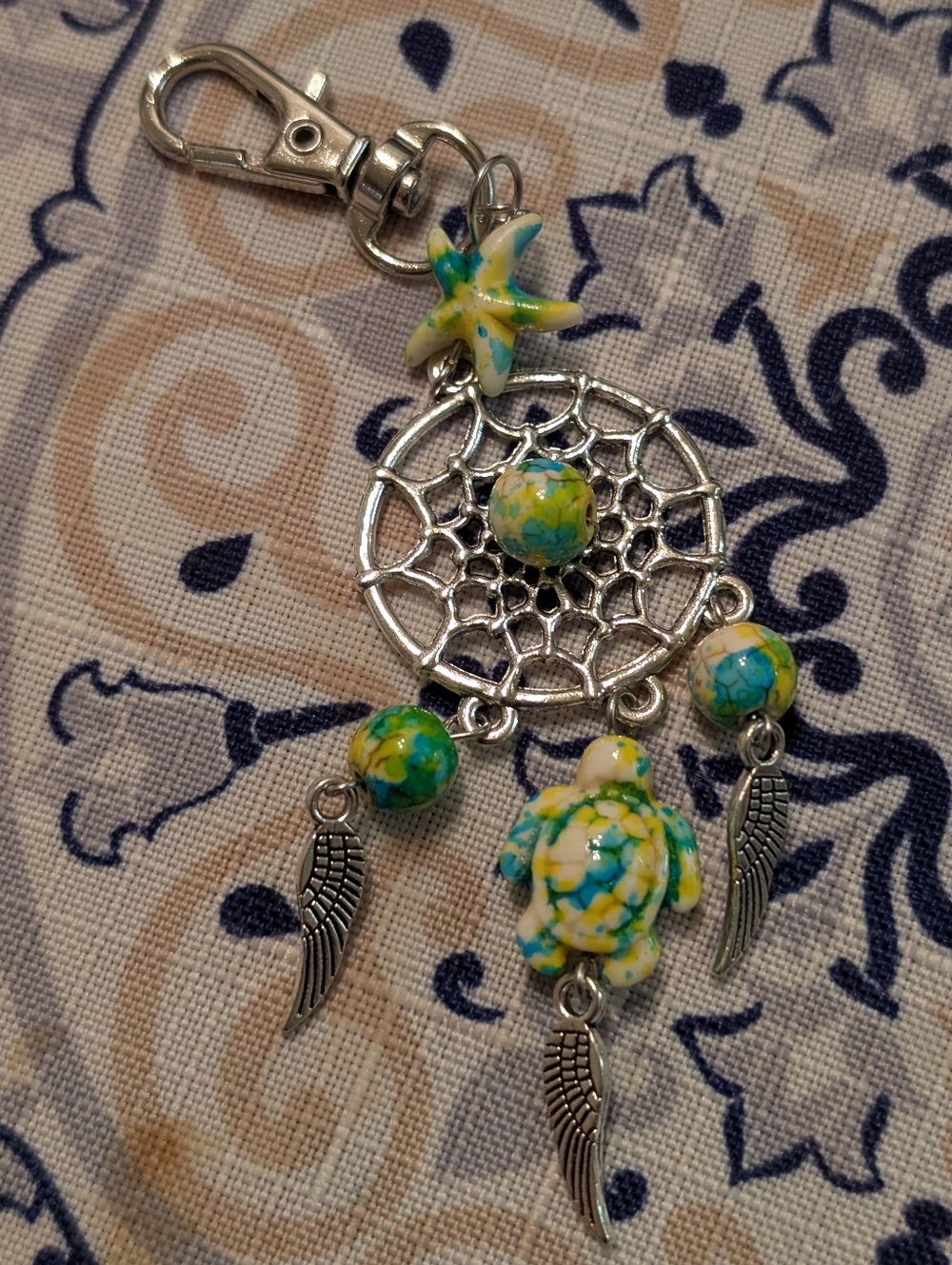 Dreamcatcher Turtle Keychain with Yellow-Green Beads